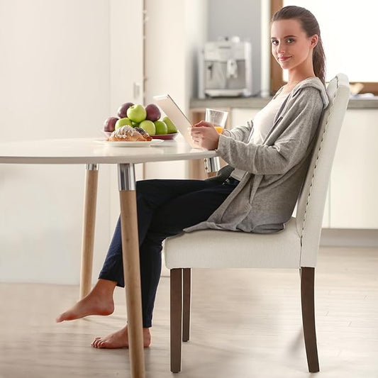 DUMOS Dining Chairs Set of 4, Farmhouse Fabric Upholstered Kitchen Chairs with Wooden Legs and Padded Seat, Modern Accent Chair for Dining Room, Kitchen, Living Room, Restaurant, Beige