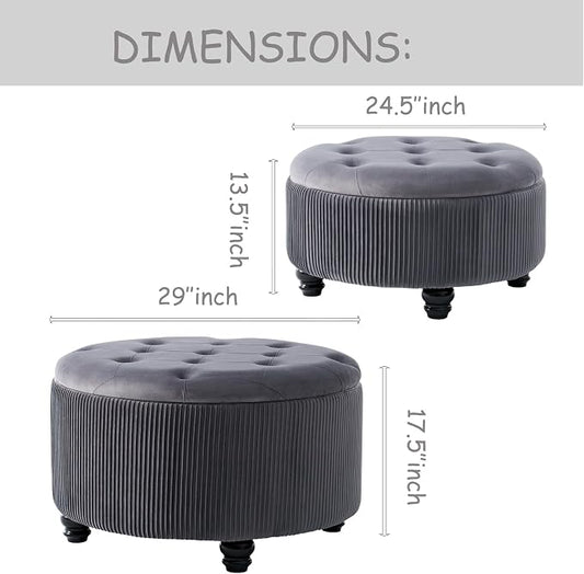 29&24.5inch Large Round Storage Ottoman Coffee Table Set of 2 Modern Button Storage Coffee Table with Removable Lid for Living Room Upholstered Footrest Stool for Bedroom (Large-Grey)