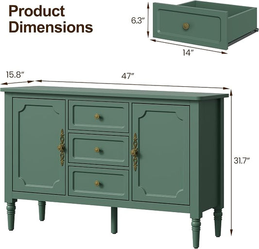 FansaFurn Green Storage Cabinet, Mid-Century Buffet Cabinet with 2 Doors & 3 Drawers, Accent Sideboard Cabinet with Adjustable Shelves & Turned Legs, Great for Entryway, Living Room, Dining Room
