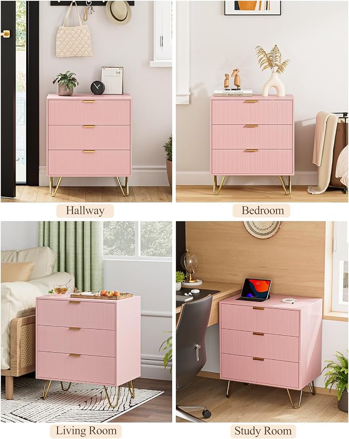 Fluted 3 Drawer Dresser for Bedroom, Modern Storage Bedroom Dresser Chest Cabinet Organizer with Anti-Tip Hardware for Living Room, Dressing Room, Kids Room, Office (Pink)