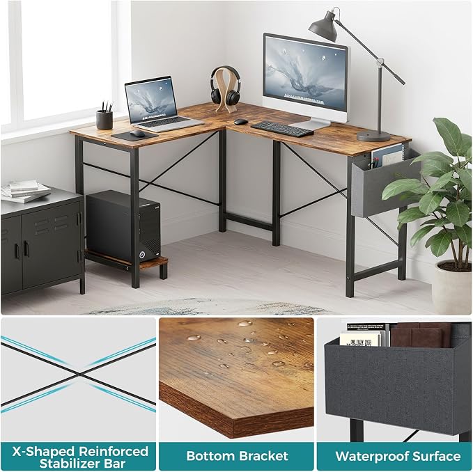 OLIXIS L Shaped Desk, 50-Inch Office Computer Gaming Desks Corner PC Table with Side Bag and Reversible Shelf for Home Work Study Writing Rustic Brown