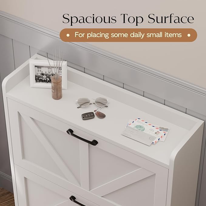 MU Shoe Storage Cabinet for Entryway, Hidden Shoe Cabinet with 2 Flip Drawers, Narrow Shoe Organizer Shoe Rack Cabinet with Metal Legs, White