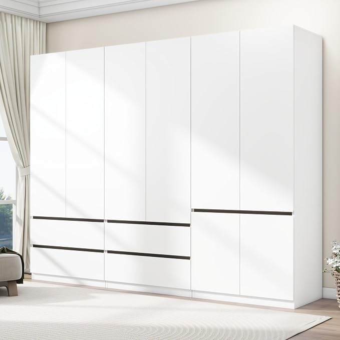 Armoire Wardrobe Closet with Drawers:75" Large White Wardrobe Closet Cabinet with 6 Doors for Hanging Clothes, Modern Wooden Bedroom Armoires with 4 Drawers and Storage (A+C+A, 94.5")