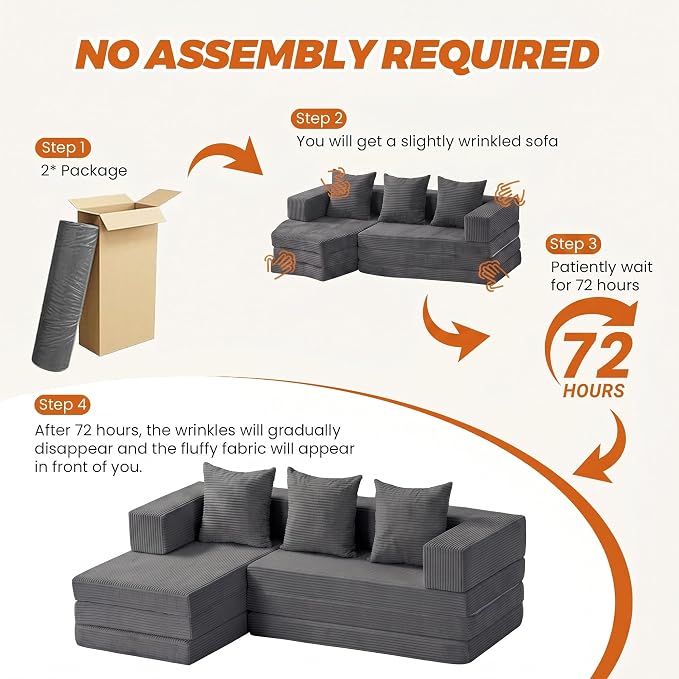 6-in-1 Tri-Folding Mattress | Cloud Boneless L-Shaped Modular Sectional Couches | Corduroy Pet-Friendly Convertible Futon Sofa Bed with 800LB Capacity Apartment, Guest Room, Game Room
