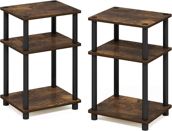 Furinno JUST Side Table Set of 2, 3-Tier Modern End Tables, Open Shelves Night Stand, Nightstand Set, Toolless Assembly, for Living Room, Bedroom, Amber Pine