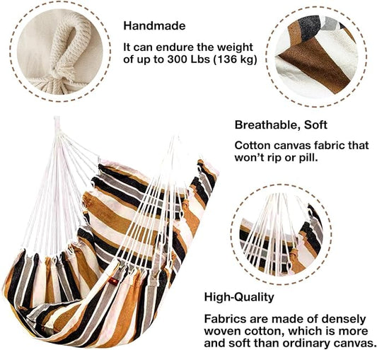 Hommtina Hammock Chair Hanging Rope Swing, Max 300 Lbs Hanging Chair with Pocket & Durability Perfect for Outdoor, Home, Bedroom, Patio, Yard (Pillows NOT Included,Khaki)