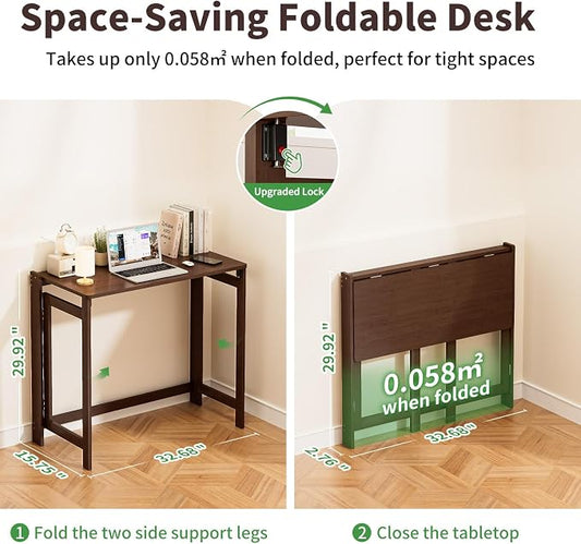 Bamboo Foldable Desk, Folding Desks for Small Spaces, 32.68 Inch Small Foldable Computer Table, Space Saving Sofa Table for Couch, Bedroom or Home Office, Brown