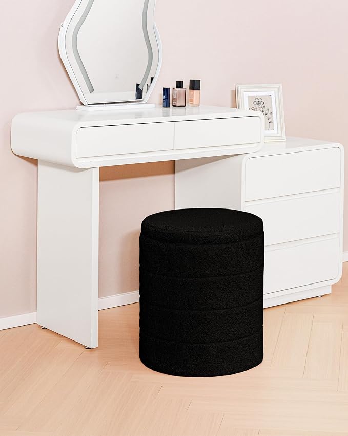 B FSOBEIIALEO Ottoman with Stroage, Round Sherpa Storage Ottoman Stool, Boucle Foot Rest 14.6"x14.6"x17.7"(Black