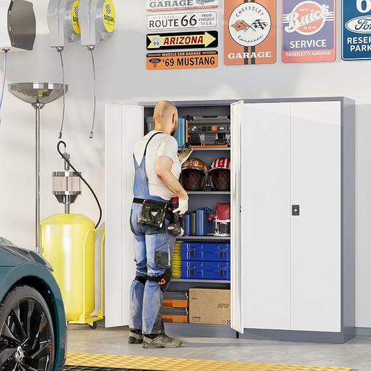 Metal Garage Storage Cabinets with Lock, 72" Tall Tool Cabinet with 2 Door and 4 Adjustable Shelves, Locking Garage Cabinets and Lockable Steel Locker for Home Office Warehouse-(Gray White-72”H)