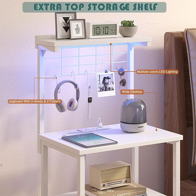sthmec Bedside Tall Nightstands with Charging Station, LED Bedside Table for Bedroom - 3 PU Fabric Drawers, Hooks, USB/Type-C Ports & Open Bedside Shelves, White