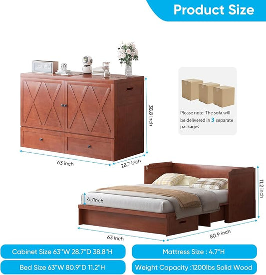 Mjkone Murphy Bed with Tri-Folding Mattress, Queen Hidden Cabinet Bed with Built-in USB Charging Station and 2 Storage Drawers, Foldable Wall Cabinet Beds for Living Room/Guest Room/Apartment, Cherry