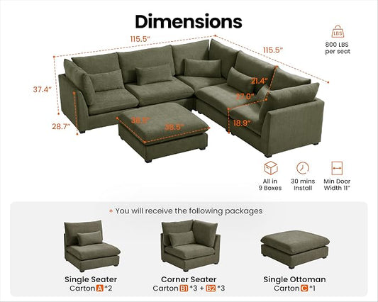 115" Oversized Chenille Couch Modular Sectional Sofa, Washable Cloud Couch Sectional with Ottoman, 6 Seater Sectional Couches for Living Room, Fully Cover Removable, V Shaped & Corner, Chenille, Green