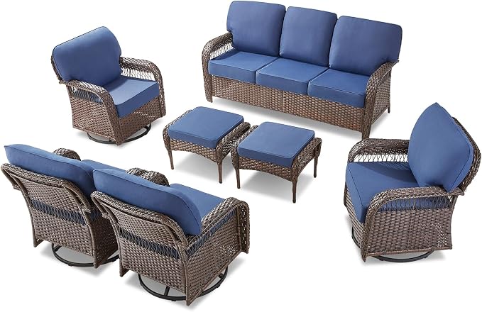 Belord Luxury Patio Furniture Set with 5-inch Thick Cushion, Outdoor High Back Swivel Rocker Patio Chairs, 7PCS Wicker Conversation Set for Deck Yard and Poolside,Blue