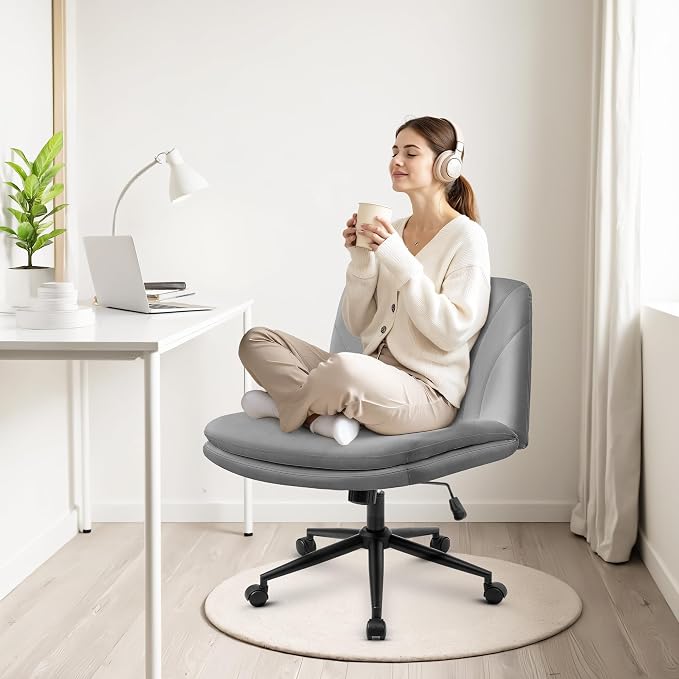 Orange Factory Criss Cross Chair with Wheels Comfy Wide Vanity Desk Chair Dual Base Leather Armless Adjustable Swivel for Home Computer Task (Grey Pu, Faux Leather)