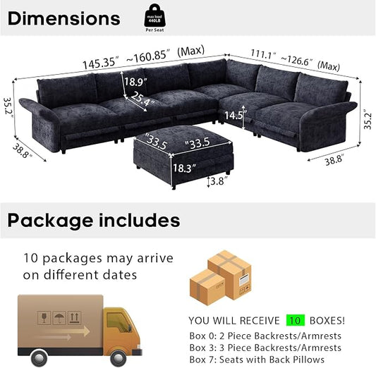 DreamDashio 160" 7-Seat Modular Sectional Sofa with Hidden Storage & 9 Adjustable Backs, Oversized Cloud Couch for Living Room, Dark Grey Chenille