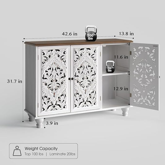 JOINICE Accent Cabinet with 3 Carved Doors,Farmhouse Buffet Cabinet with Storage for Living Room, Entryway, Dining Room, Coffee Bar(White)