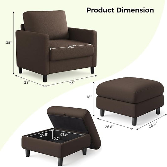 Welzona Sofa Accent Chair with Ottoman, 33" Reading Chair and Ottoman Set for Bedroom, Tool-Free Setup Living Room Accent Chairs, Comfy Arm Chairs Living Room, All-Wood Reading Nook, Brown