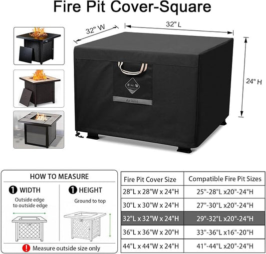 QH.HOME Fire Pit Cover Square Heavy Duty Fabric 100% Waterproof, Fits Outdoor for 29”,30 inch,31 inch,32 inch Fire Pit/Table Cover,Gas Fire Pit Cover (32”L x 32”W x 24”H,Black)