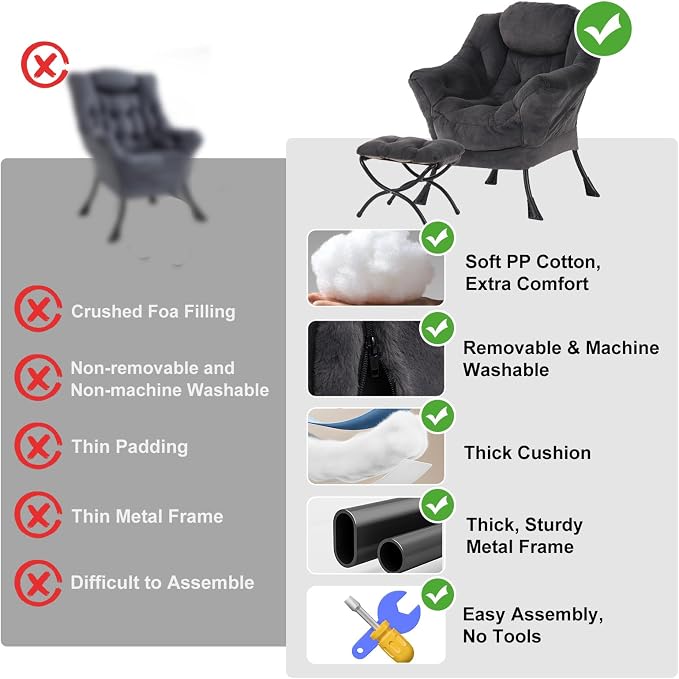 Furlide Lazy Chair with Ottoman, Modern Accent Chair with Armrests and a Side Pocket, Plush Navy Accent Chairs, Reading Chairs, Oversized Armchairs for Bedroom, Study, Living Room, Courtyard