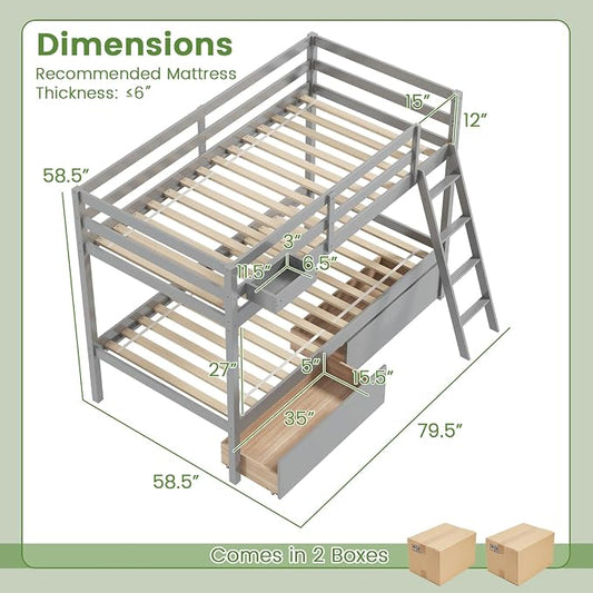 KOMFOTT Twin Over Twin Bunk Bed with 2 Roll-Out Drawers, Wood Bunk Bed Frame with Removable Storage Box, Bunk Bed with Ladder & Safety Guardrail for Dorm Apartment Home, No Box Spring Needed (Grey)