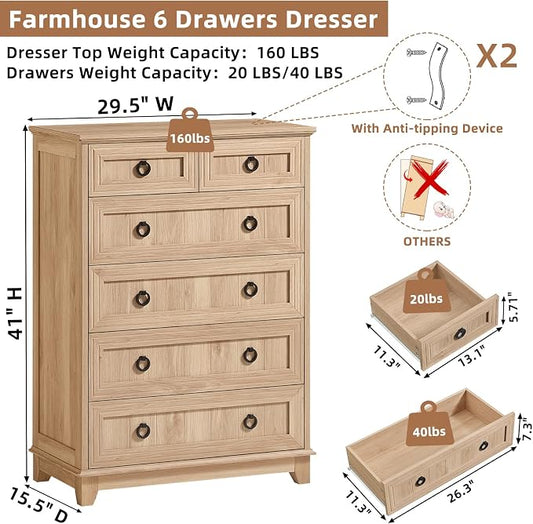 Joaxswe Farmhouse 6 Drawer Dresser for Bedroom, 41" Tall Small Dressers & Chest of Drawers, Rustic Wood Dresser with Metal Handle, Storage Organizer Closet for Living Room, Hallway, Entryway