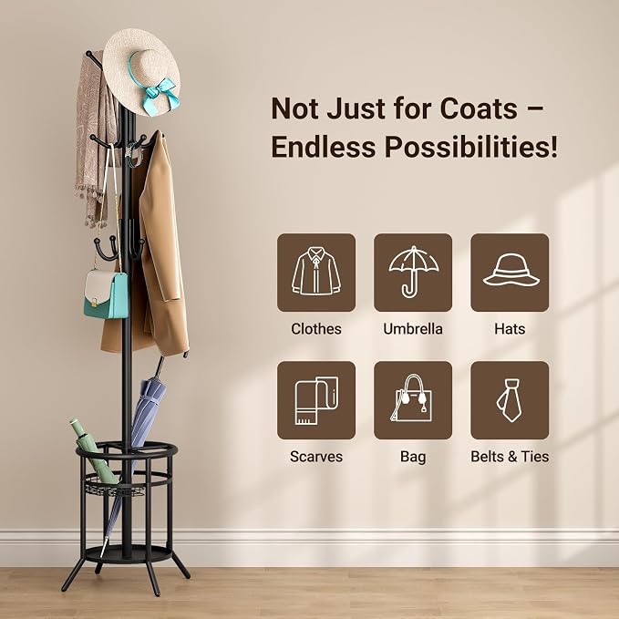 ELYKEN Coat Rack Freestanding, Metal Coat Rack with Umbrella Holder | 12 Hooks, Round Base, Heavy Duty Floor Standing Coat Tree for Entryway, Hallway, Living Room, Bedroom, Office, Black