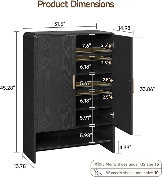 ONBRILL 6-Tier Shoe Storage Cabinet, 45'' Large Farmhouse Shoe Cabinet for Entryway, Modern Wooden Shoe Organizer Cabinets with Doors and Shelves, for Front Door Hallway (Black)