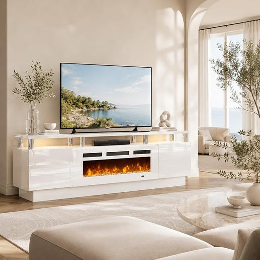 70" TV Stand for Living Room, Entertainment Center & Media Console with Storage, Fits TVs up to 80", Modern TV Cabinet with Shelves, 36" Electric Fireplace (All White)