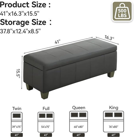 WUTUTUEE 41" Faux Leather Storage Ottoman, Stitch Tufted Rectangle Upholstered End of Bed Storage Bench, Entryway Large Couch Ottoman with Wooden Legs,Dark Grey
