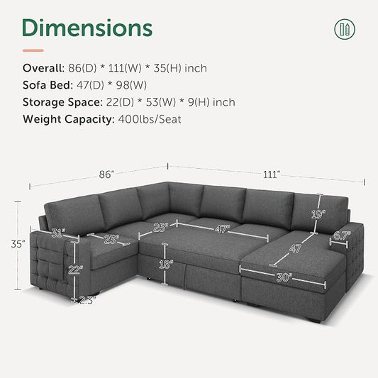 HONBAY Sectional Sleeper Sofa with Pull-Out Bed Storage Chaise, 6 Seaters Couch for Living Room, Light Grey