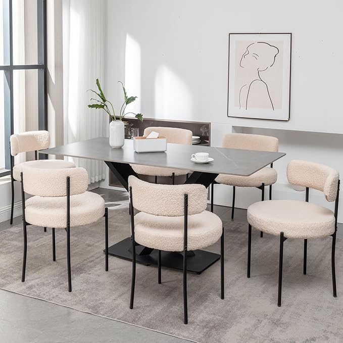 Cinxzar Boucle Dining Chairs Set of 4, Upholstered Dining Room Chairs with Black Metal Legs, Round Modern Dining Chair for Dining Room, Kitchen