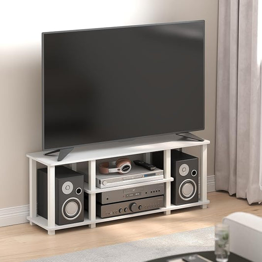 Furinno Turn-S-Tube TV Stand, 3-Tier No Tools 3D Entertainment Center with Open Shelf, TV Console for TV up to 50 Inch, with Square Tube, for Living Room, Bedroom, White
