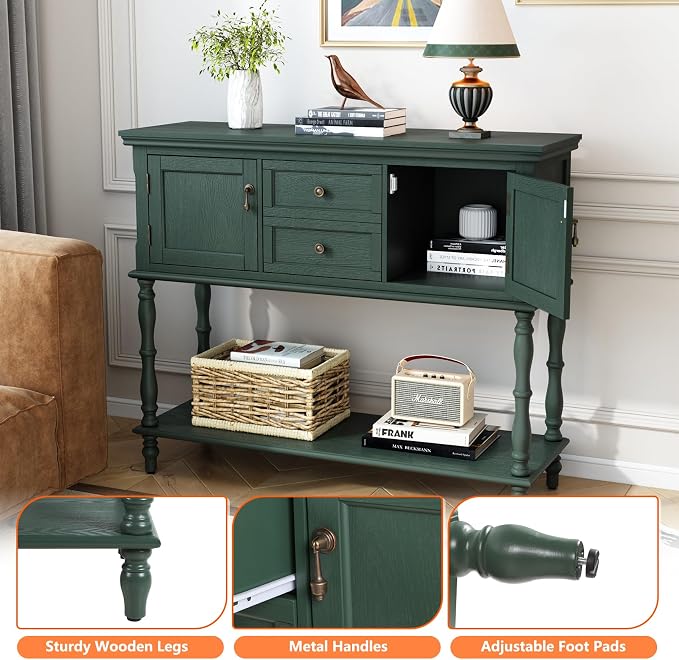 ARTPOWER Console Table with 2 Drawers, Retro Entryway Table with 2 Door Cabinets and Open Storage Shelf, Narrow Long Behind Couch Sofa Table for Living Room, Foyer, Hallway, Green