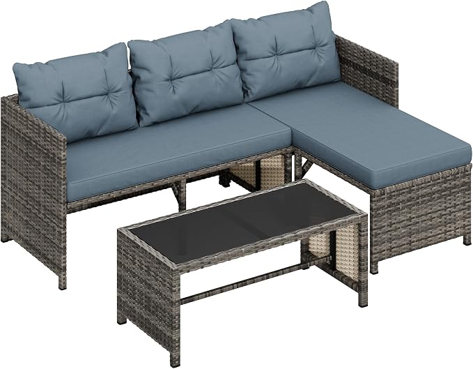Shintenchi 3 Pieces Outdoor Patio Furniture Sets, Wicker Patio Conversation Sets, All Weather Wicker Rattan Patio Seating Sofas with Glass Coffee Table and Cushion, Blue-Gray