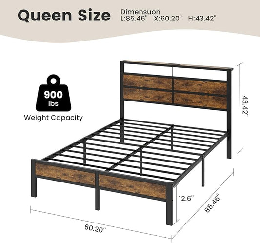 Queen Size Bed Frame with LED Lights, USB Type C Charging Headboard, Brown Metal Platform Bed with Storage Shelf, Noise Free Design, No Box Spring Needed