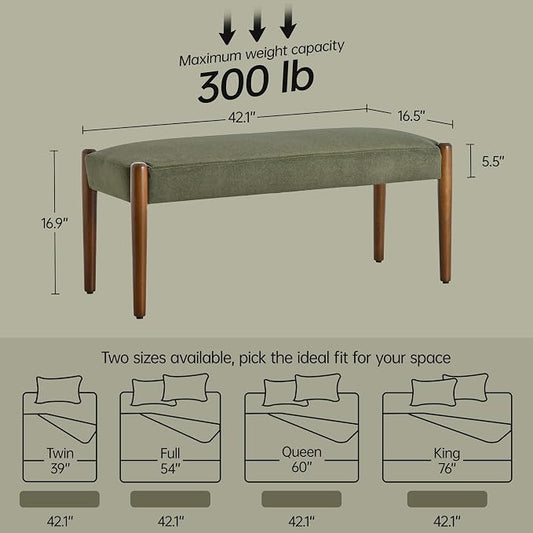 Usaint 42" End of Bed Bench, Modern Upholstered Bedroom Bench with Rubberwood Legs, Entryway Bench with Cushion, Dining Bench for Living Room, Bedroom, Dark Green with Walnut Leg