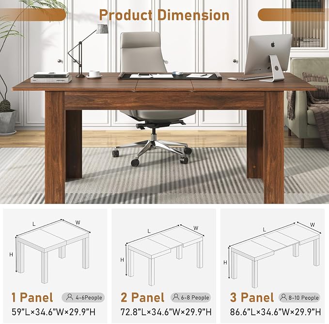 59"-86" Extendable Dining Table for 6-10 Person, Wooden Dining Room Table, Modern Extendable Table for Gatherings, Meeting for Small Kitchens, Dining Office Areas(Walnut)