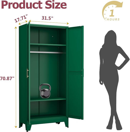 GAIOUS Metal Wardrobe Cabinet with Hanging Rod, Clothing Storage Cabinets | with 2 Doors and Adjustable Shelves, 71" Metal Green Armoire Wardrobe Closet for Bedroom, Laundry Room, Cloak Room