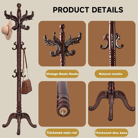 Wooden Coat Rack Stand, Natural Birch Wood Coat Rack Freestanding with Triangular Base, Sturdy Solid Wood Coat Racks with 14 Hooks, Vintage Coat Hall Clothes Tree for Entryway, Office, Corner