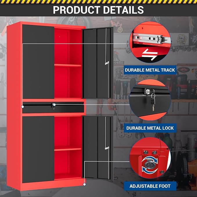 Fesbos 71" Metal Cabinet-Black&Gray Heavy Duty Storage File Cabinet Steel Tool Cabinets with Shelves, Lockable Doors and Drawers- for Garage, Pantry, Warehouse - Assembly Required