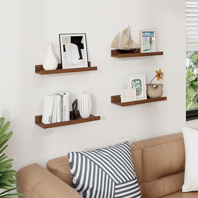 Axeman Picture Ledge Shelf | 16 Inch Walnut Floating Shelves Set of 4 | Rustic Wood Wall Shelves with Lip | 16" Picture Shelves for Wall with Ledge | Walnut Photo Shelves