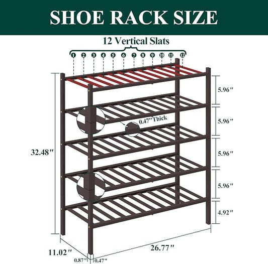 Smiry Bamboo Shoe Rack, 5 Tier Free Standing Wooden Shoe Organizer, Stackable Wood Shoe Storage Shelf for Closet, Entryway, 12 Vertical Slats, 2+2+1 Stack Standard Legs, 26.8"x11"x32.5", Brown