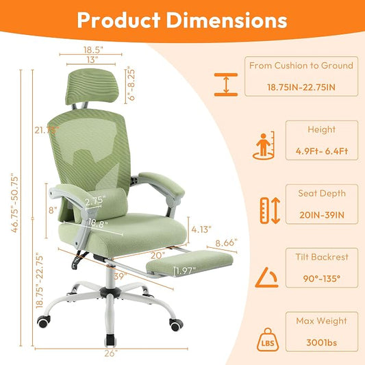 Home Office Desk Chair, Comfortable Mesh Computer Chair with Foot Rest, Reclining Gaming Chair with Headrest and Lumbar Support, 90°-130° Reclining, Light Green