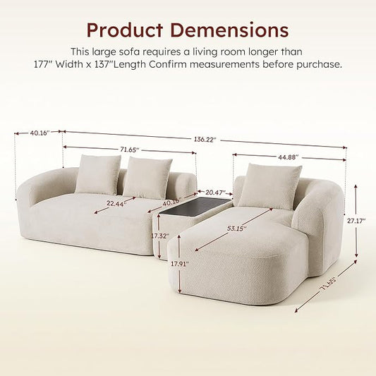 Relefree 136" Curved Sofa, Modular Sectional Sofa with Movable Coffee Table, Couches with Spring & High-Resilience Foam, Boneless Sofa for Living Room, Cloud Comfort, Oversized, Thick Backrest White
