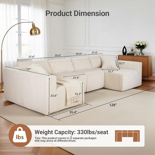 Claiks 128" Modular Boneless Couch, Sectional Couches for Living Room, Modern Cloud Sofa with Double Chaise, No Assembly Required, Beige