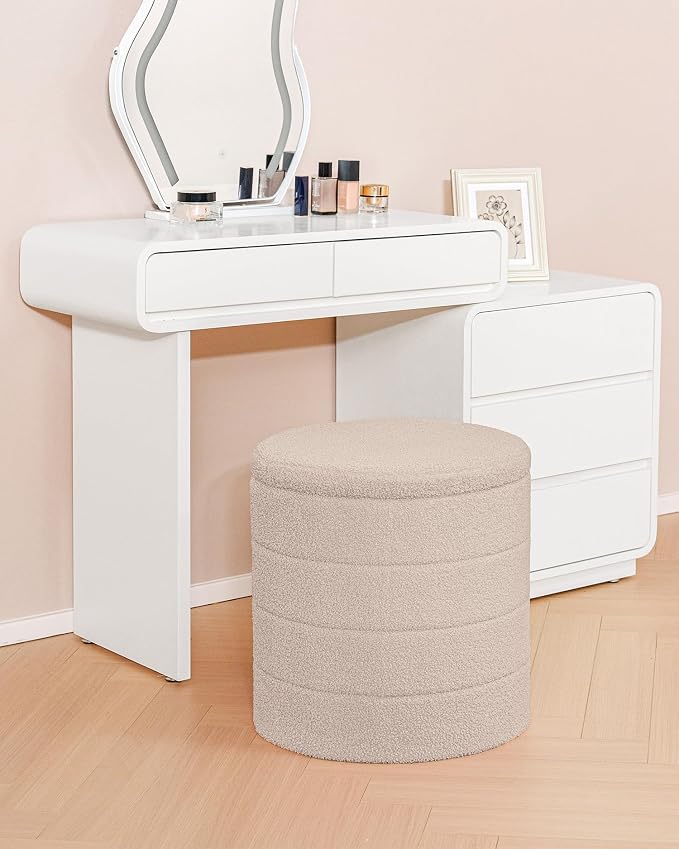 B FSOBEIIALEO Ottoman with Stroage, Round Sherpa Storage Ottoman Stool, Boucle Foot Rest 16.9"x16.9"x17.7"(Beige