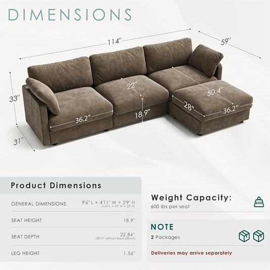 114" Cloud Couch Sectional Couches for Living Room Brown | 10" High-Resilience Cloud Cushion, 36" Movable Ottoman, Plus-Size Friendly Couch, 28" Extra Deep Seat Sofa
