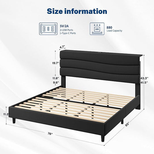 EnHomee King Size Platform Bed Frame with Headboard, Adjustable Height Wooden Slats,Charging Stations,Noise-Free, No Box Spring Needed,Easy Assembly,Black