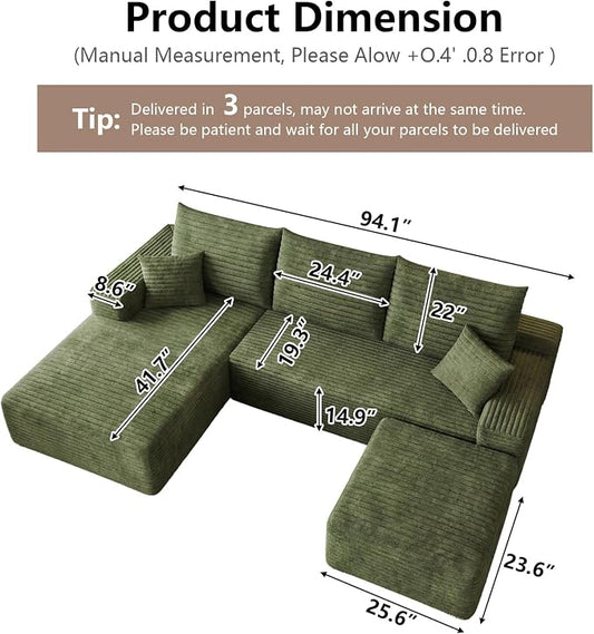 95" Cloud Sectional Couch U-Shaped Chaise with Ottoman, Corduroy Boneless Couch for Living Room Bedroom, Deep-Seat Upholstered Modular Cloud Sofa, No Assembly Required (Green, Left Facing Chaise)