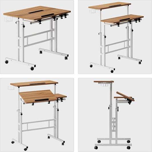 SogesHome 31.5 inch Mobile Standing Desk Adjustable Computer Desk Rolling Laptop Cart Portable Laptop Stand on Wheels Home Office Workstation with Cup Holder,Headphone Holder, Upgrade Oak